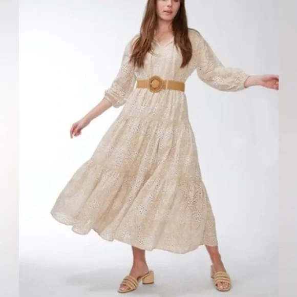 Chico's Eyelet Ruffle Neck Tiered Midi Dress Neutral - Picture 12 of 12